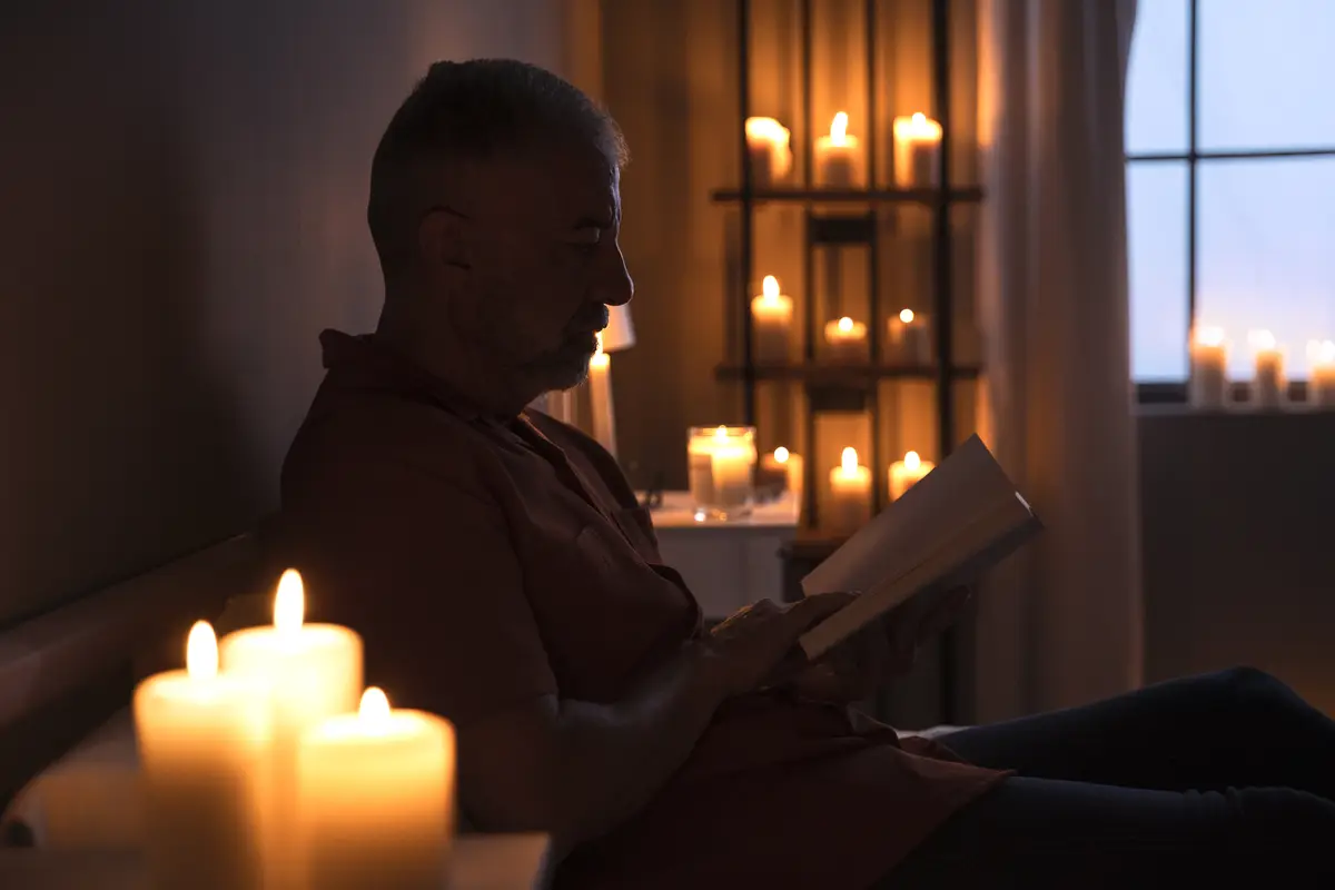 Side view senior man reading at home