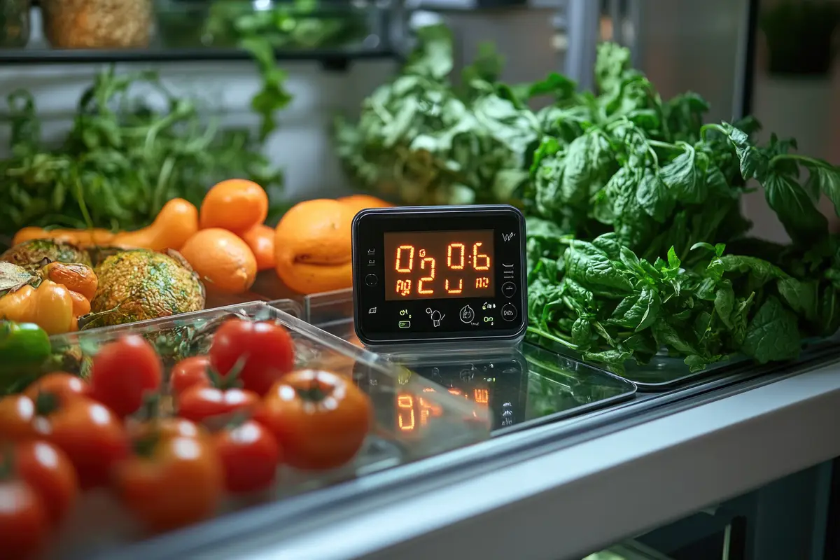 Closeup of a Digital Hygrometer Measuring Humidity Inside a Refrigerator