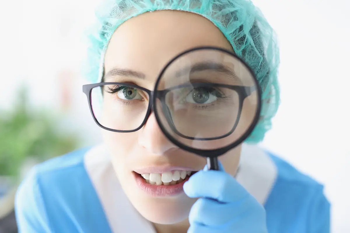Doctor in glasses looks through magnifying loupe intern provide investigation in clinic