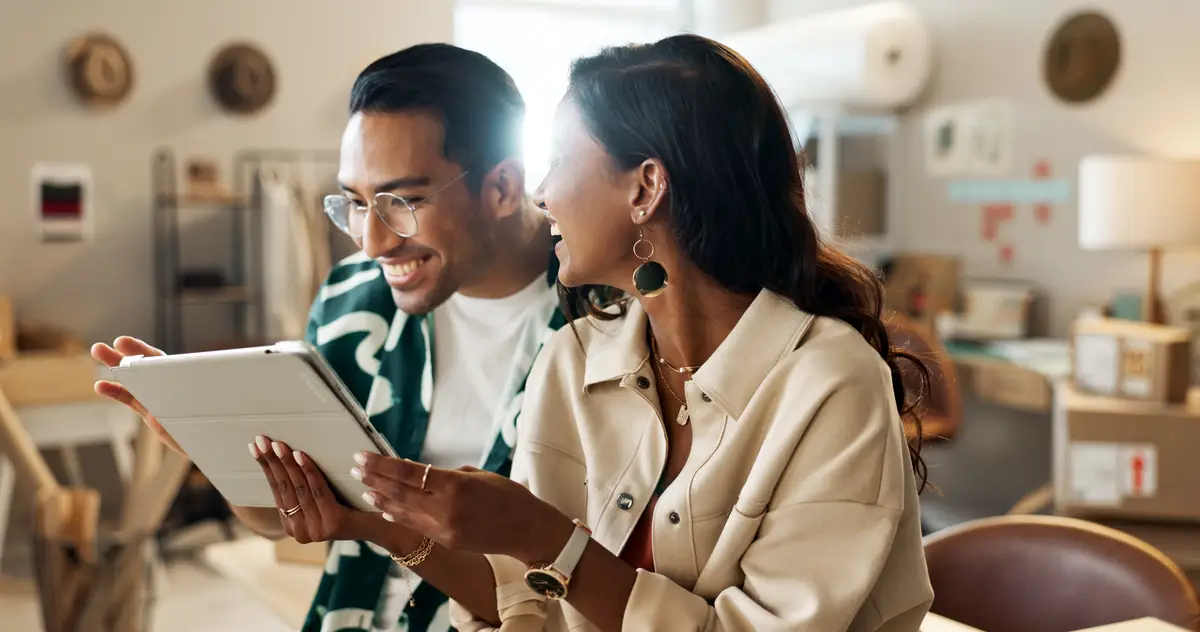 Happy people tablet and teamwork in small business or logistics for inventory inspection or design at boutique Man and woman or fashion designer smile on technology for team collaboration at store