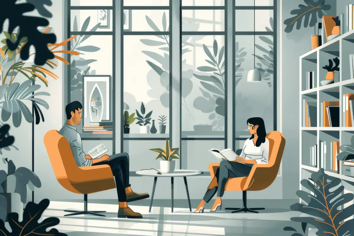 Flat Illustration of Therapist and Client in Calm Office