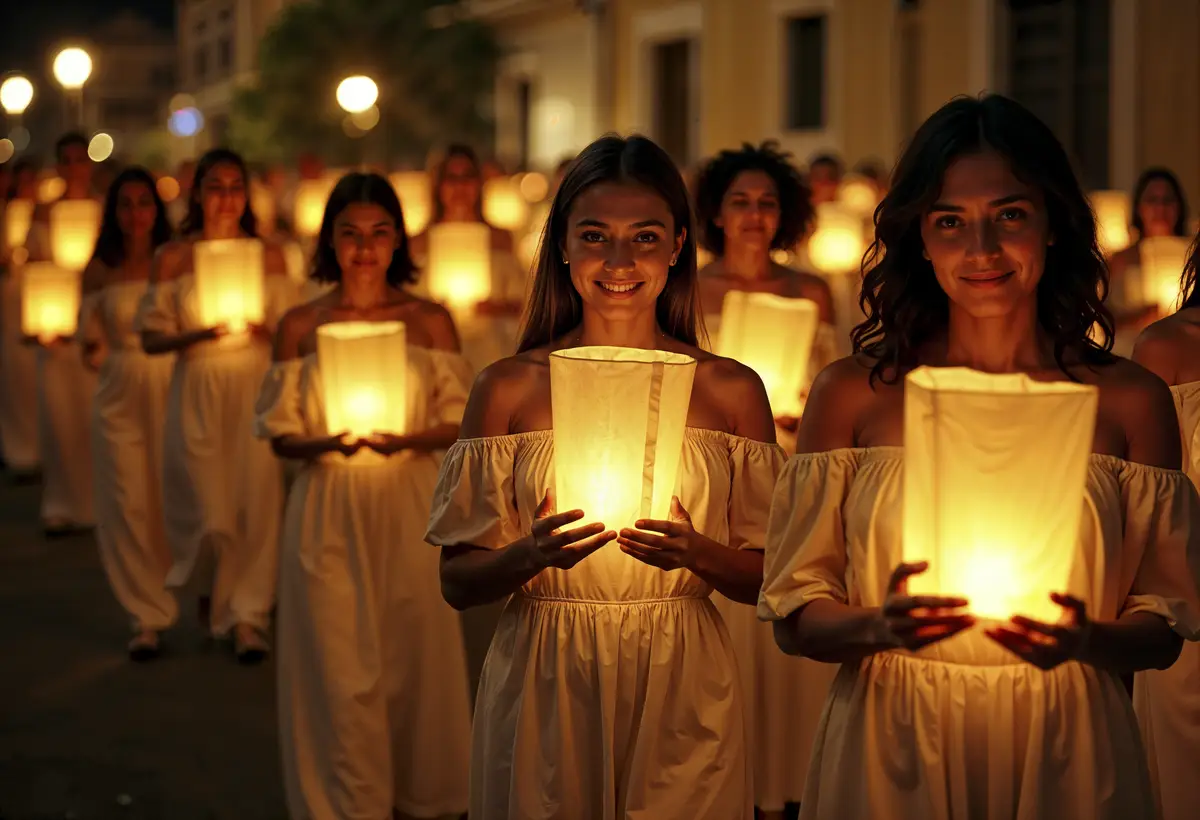 Close up on people during light carnival