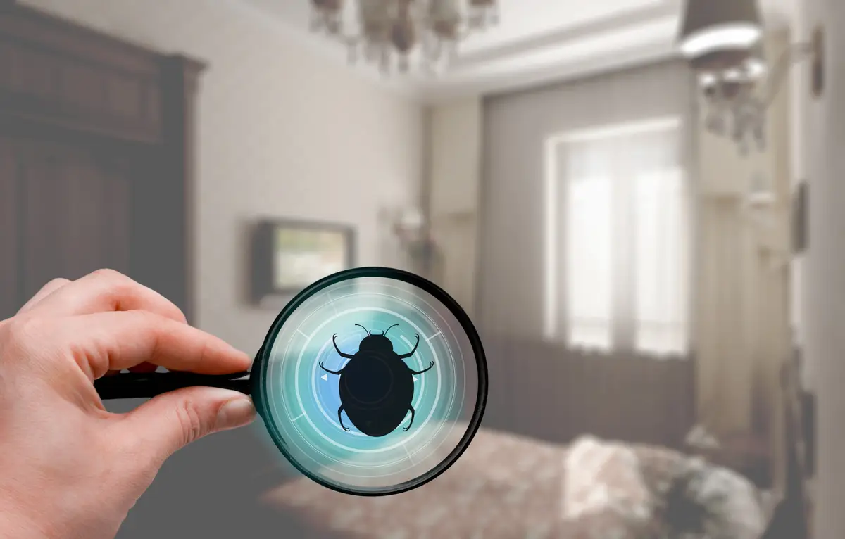 Hand with magnifying glass detecting bed bug