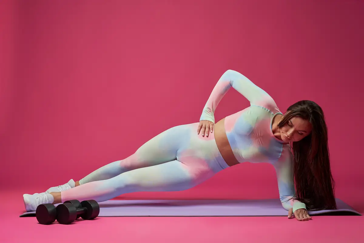 Brunette fit female in light sportswear doing side plank exercise while training in studio side view