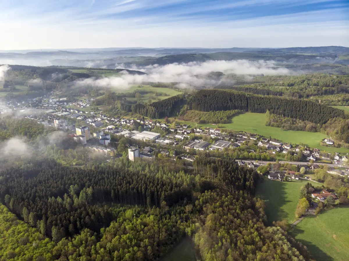 Aerial view shot of beautiful green fields and houses of the countryside on a sunny day