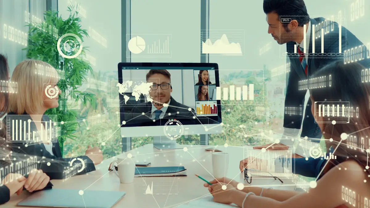 Creative visual of business people in a corporate staff meeting on video call
