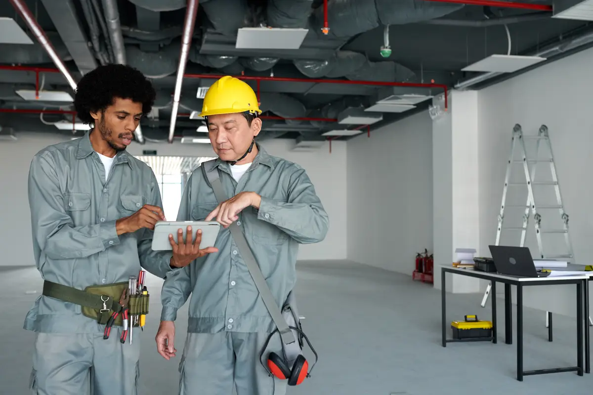 Construction workers discussing building plan