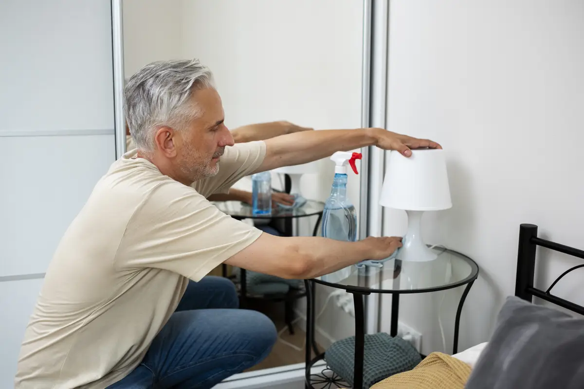 Side view man cleaning table