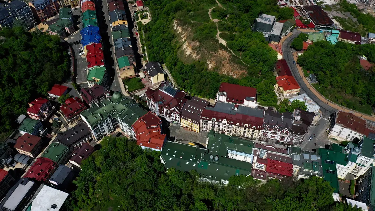 Aerial view of Sofia Square and Mykhailivska Square in Kiev Ukraine