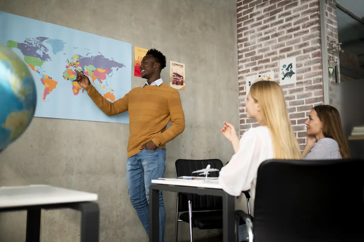 Medium shot people looking at map