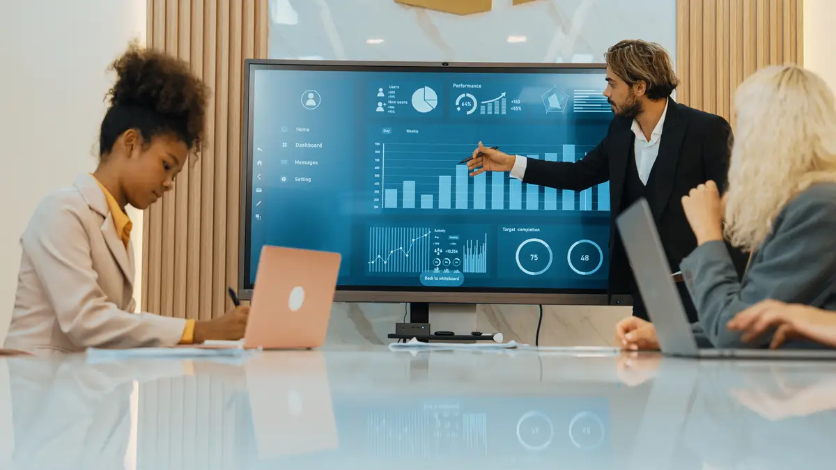 Presentation in office or ornament meeting room with analyst team