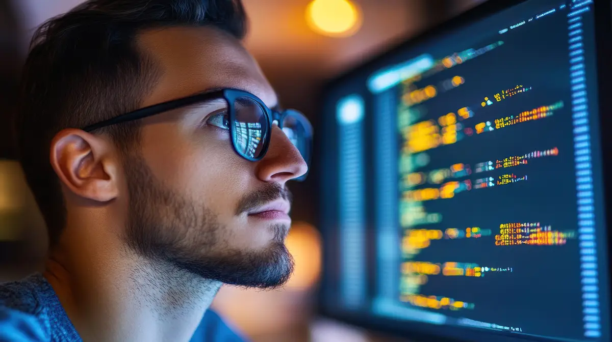 A focused individual analyzes code on a computer screen showcasing technology and programming
