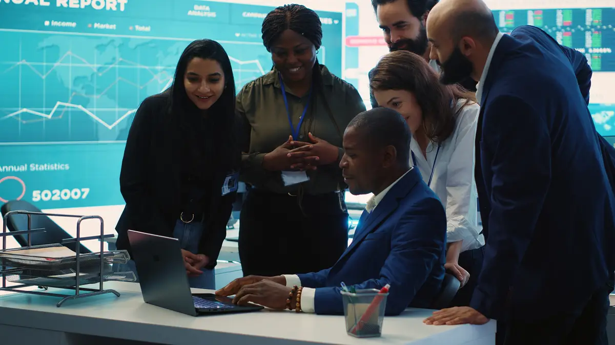 Diverse business employees group celebrate a successful outcome