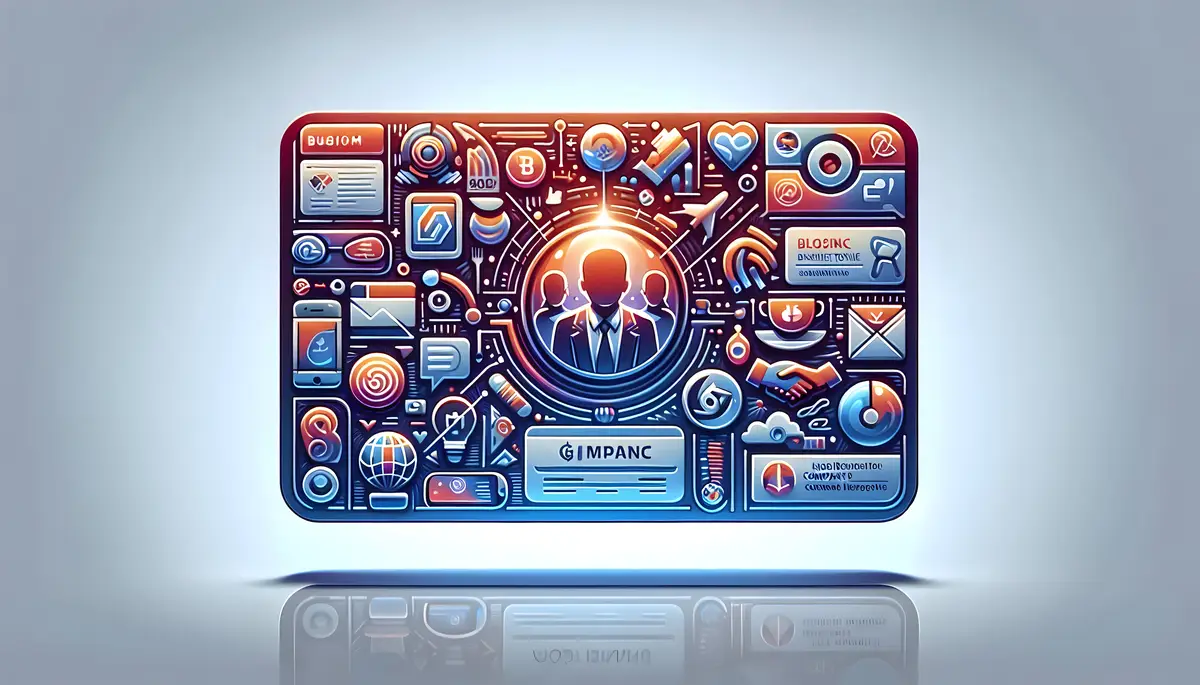 Flat Glossy business card with holographic company logos and marketing slogans concept as A close up