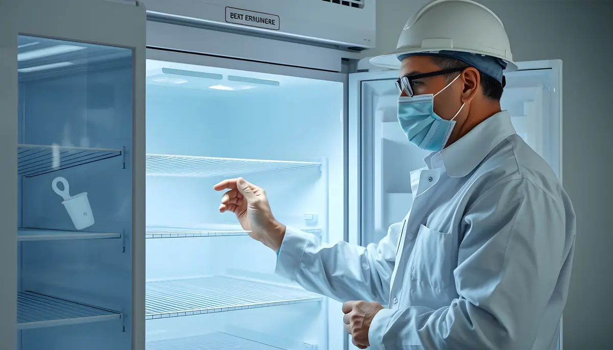 Technician or engineer check on fridge isolated with white highlights