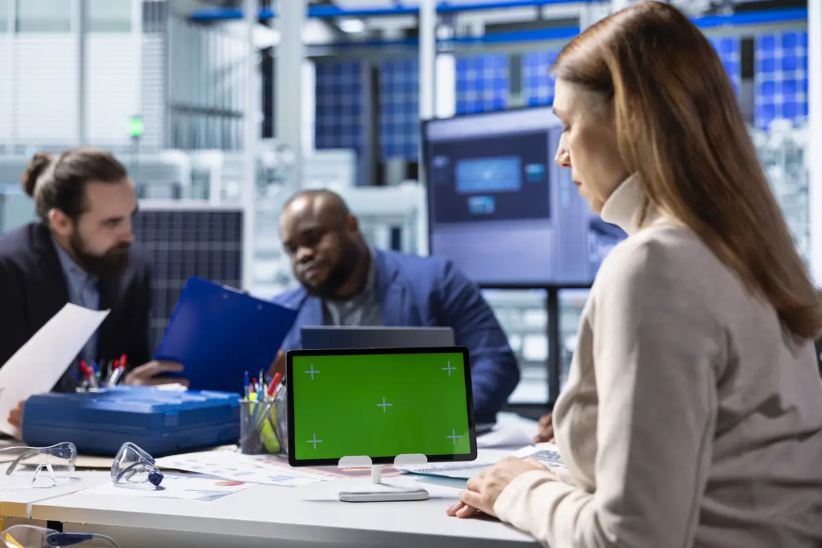 Solar panels plant specialist using chroma key tablet to study energy systems