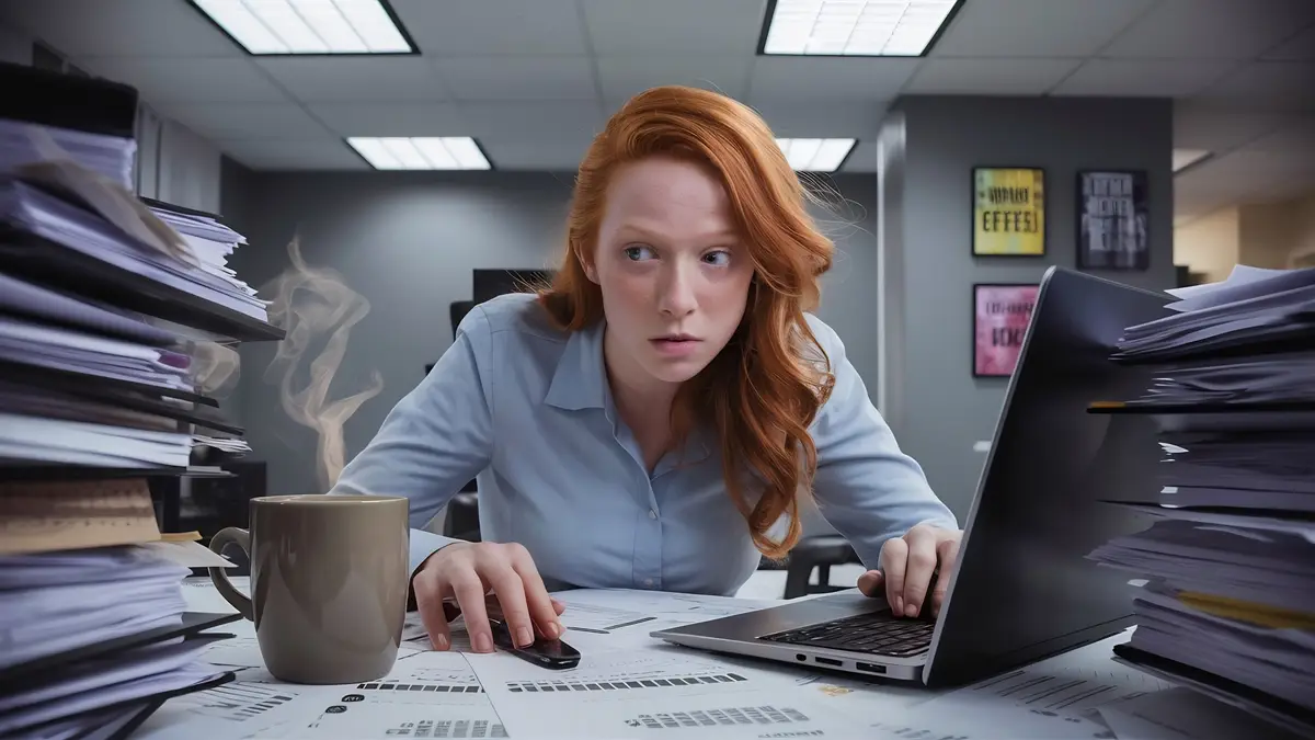 Ginger tired woman working on a laptop and drinking coffee office archive accounting business