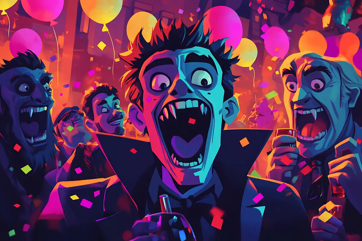 A vampire accidentally spills his drink at a Halloween party looking shocked