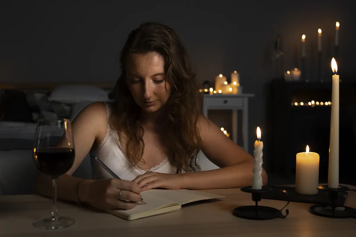 Front view woman writing in notebook