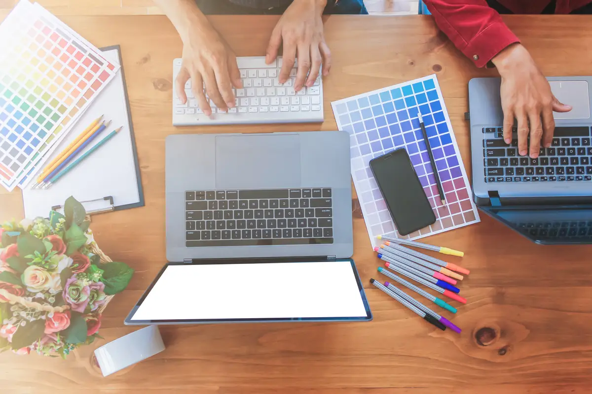 High angle view of business people working on table