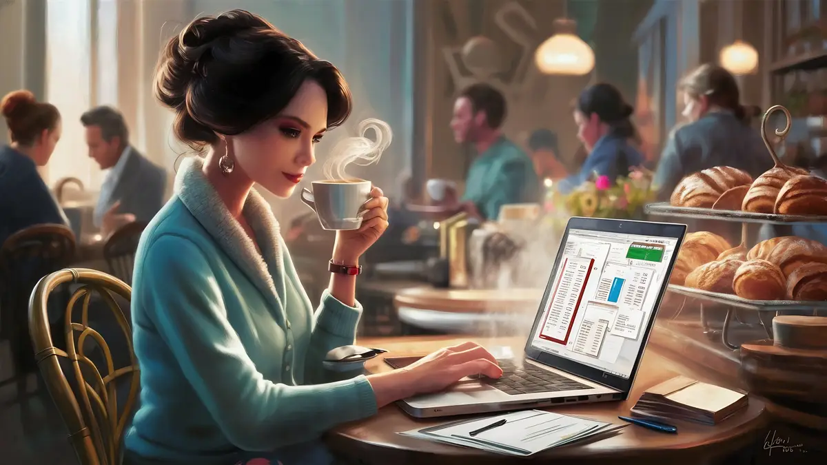 Woman sitting in a cafe drinking coffee and working on a computer