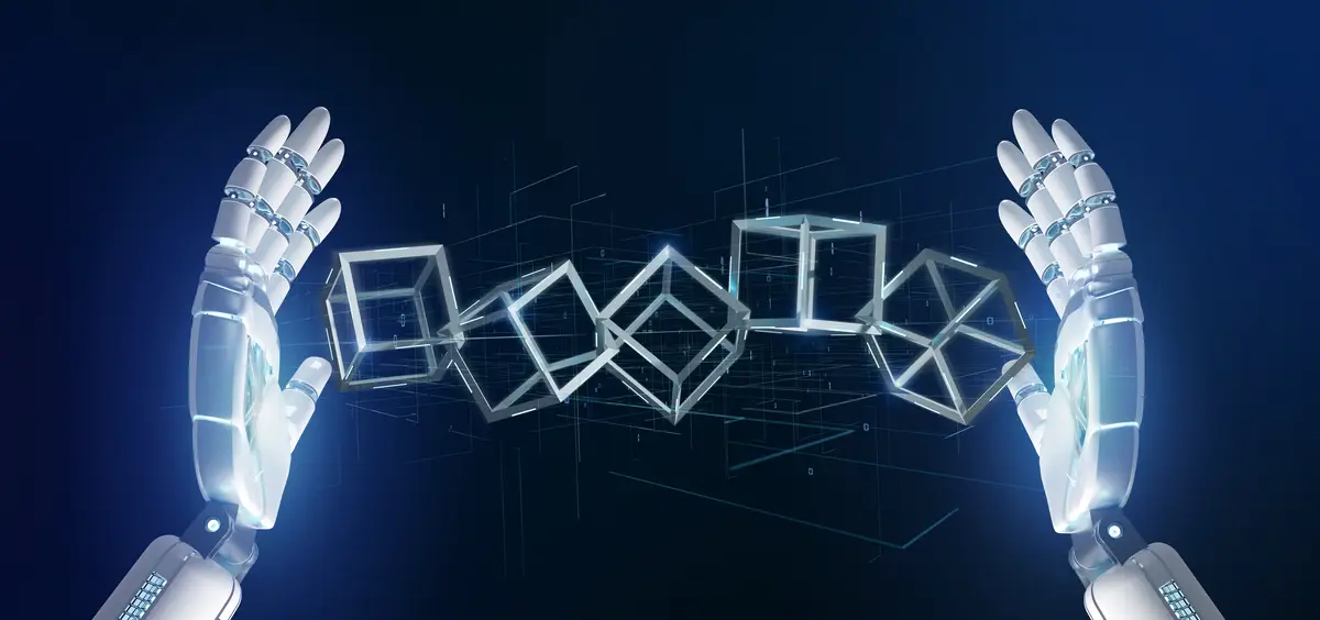 Cyborg hand holding a blockchain cube 