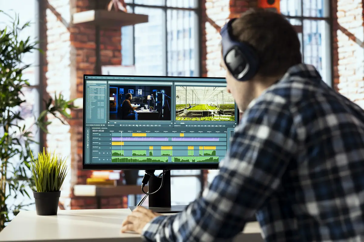 Videographer in home office doing video montage using specialized software