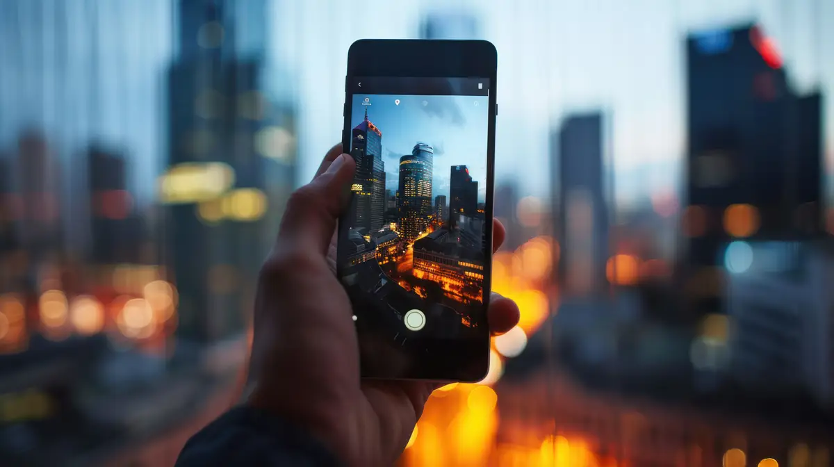 A hand holding a phone to capture a beautiful cityscape view