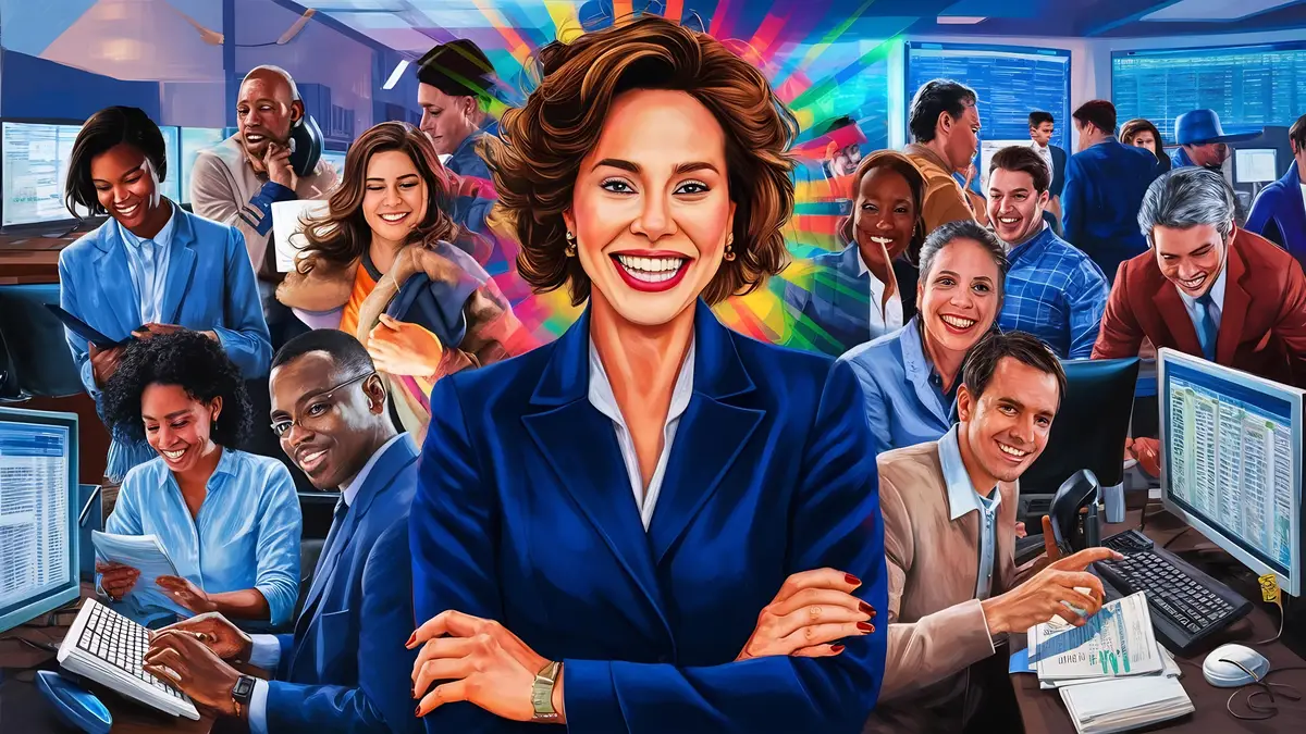 Portrait of happy businesswoman and her employees in background