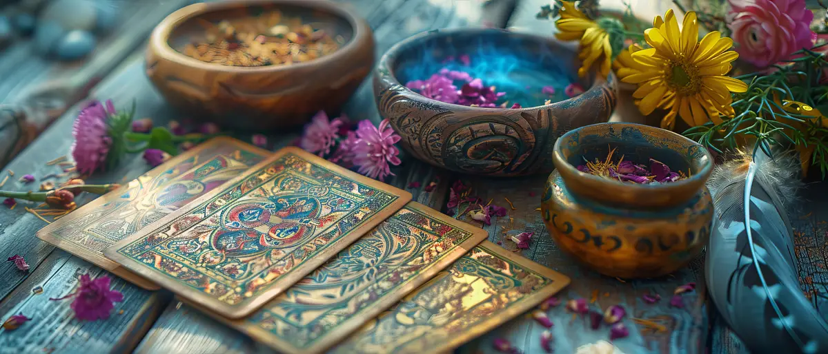 Mystical Fortune Telling Cards on Rustic Wooden Surface with Herbs and Feathers