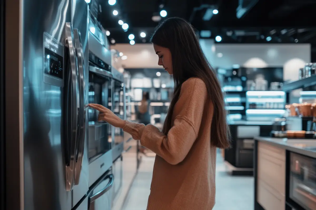 Customer inspecting a sleek kitchen appliance in a welllit home goods store ar 32 v 61 Job ID 33d76a