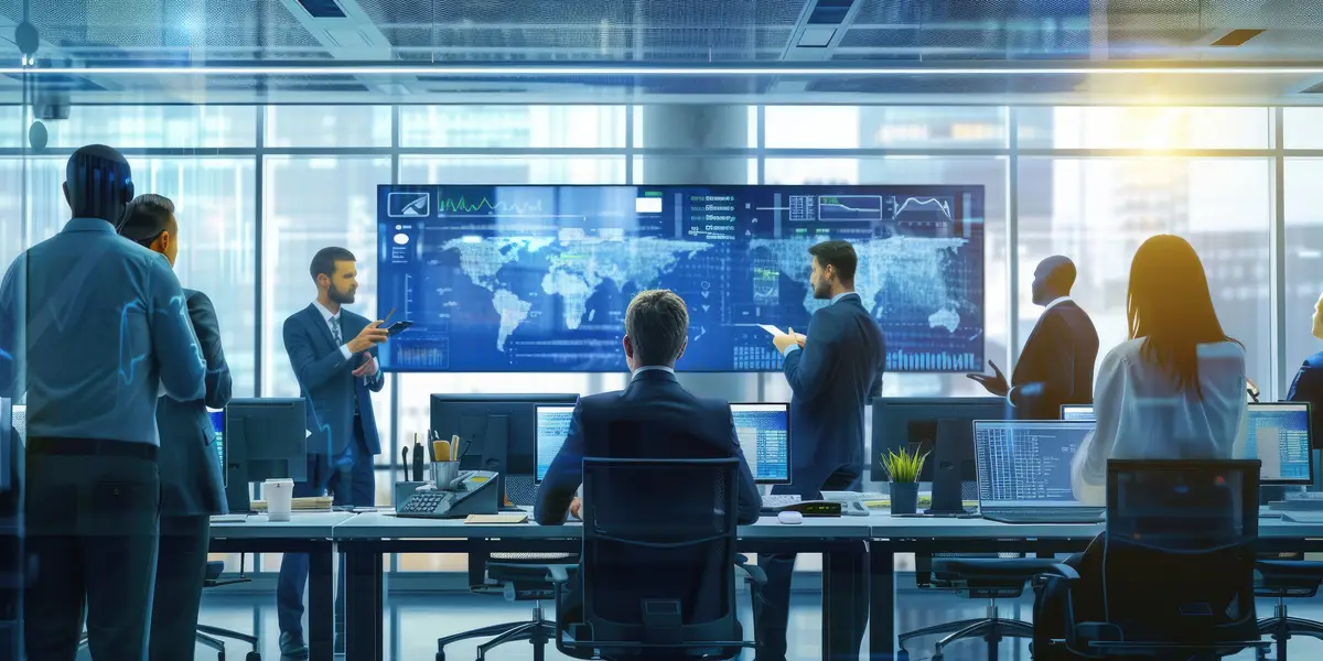 Diverse business people work on laptop while looking at desktop screen aig