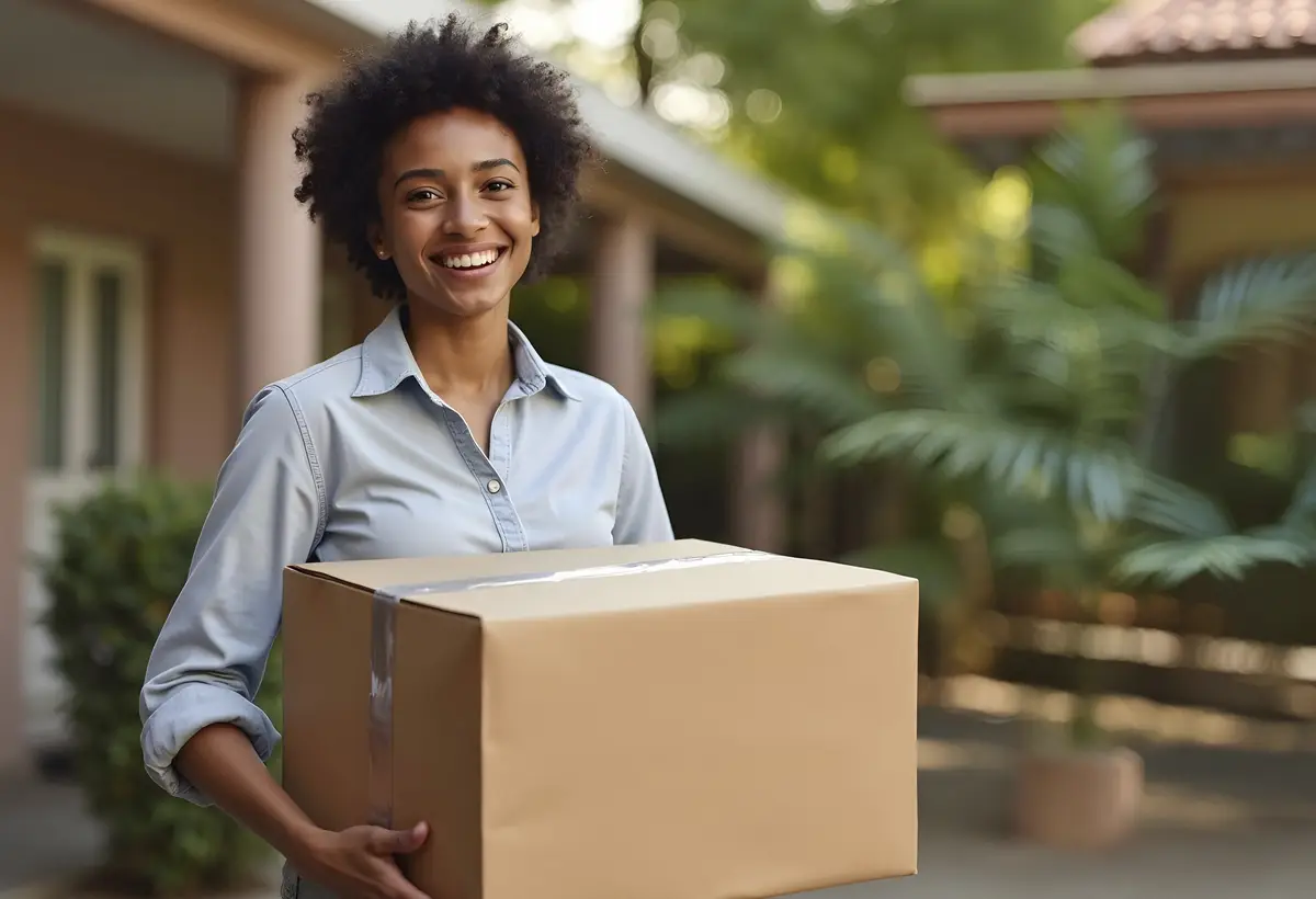 Happy woman moving into new home