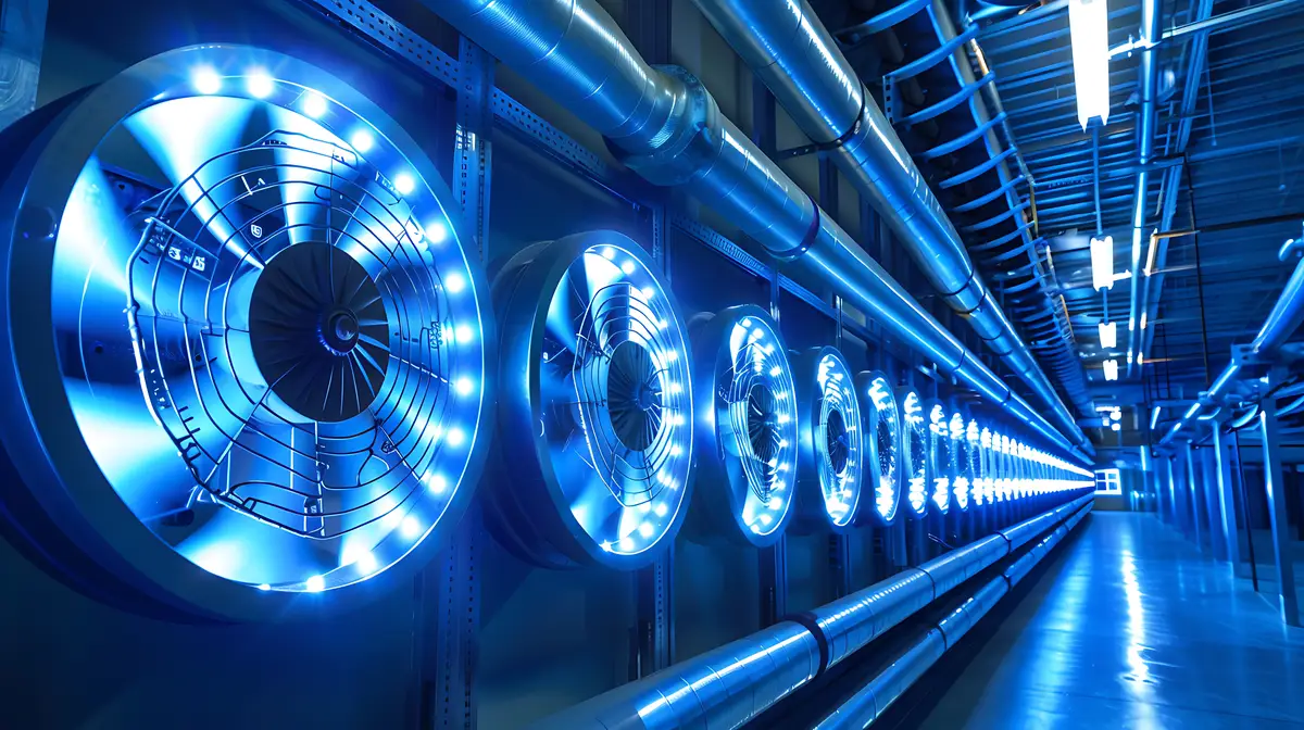arafed view of a long hallway with blue lights and a clock