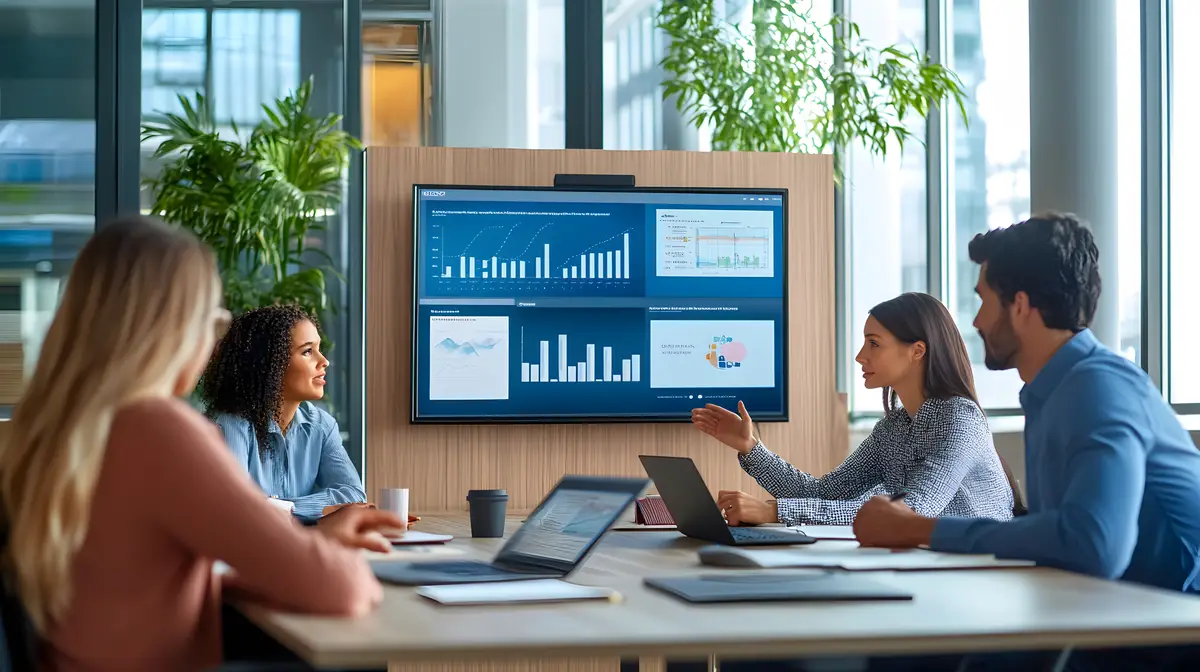 Business Professionals Meeting Around a Table Analyzing Data Displayed on a Large Screen
