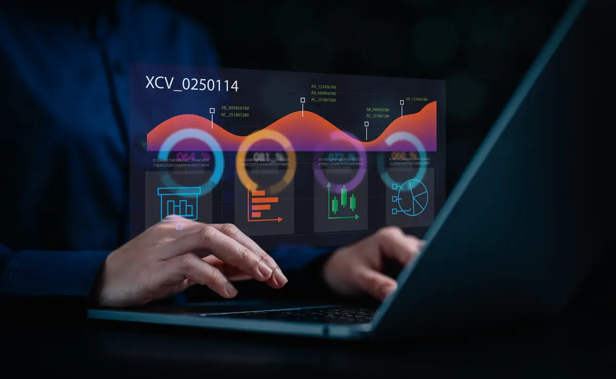 Analytics chart business analysis chart kpi showing icon on virtual screen monitor laptop by hologra