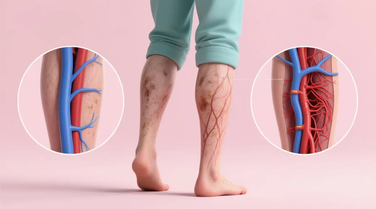 A legs with subtle varicose veins and circular insets showing healthy and damaged veins educational focus on spider veins and bulging veins