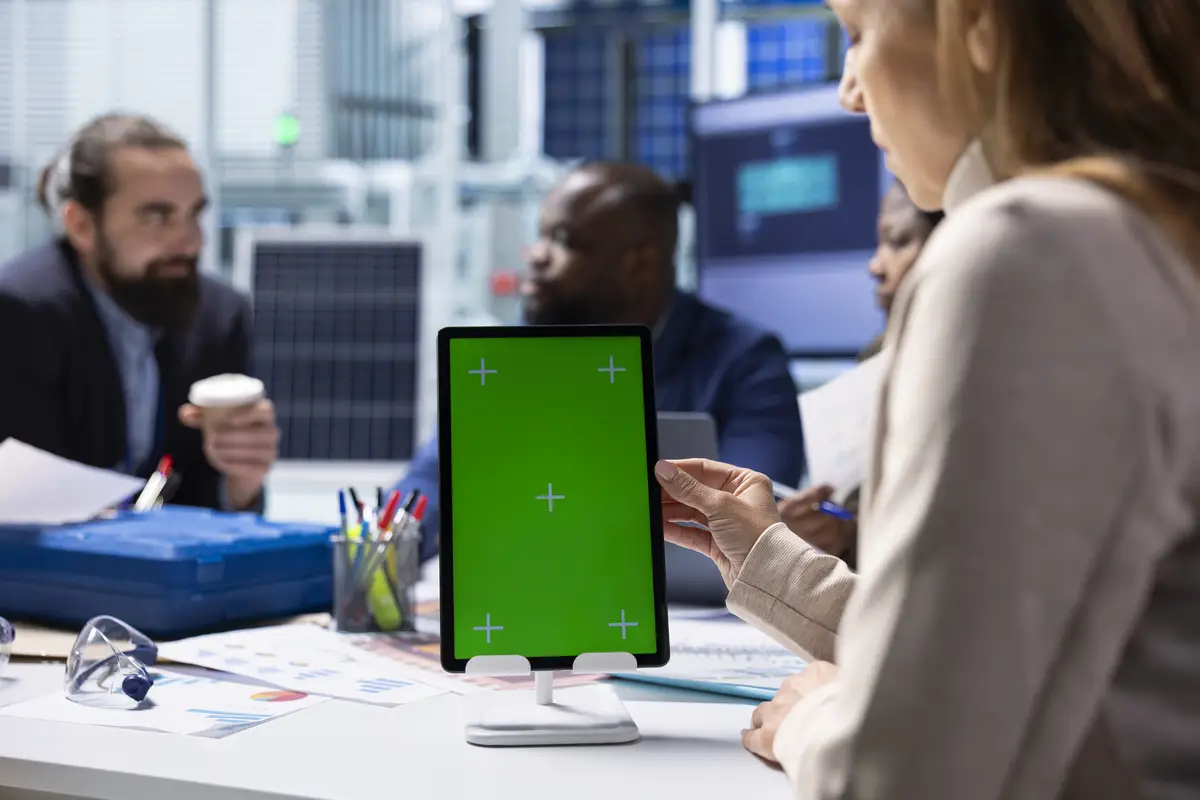 Factory employee works on mockup tablet next to executives discussing strategies