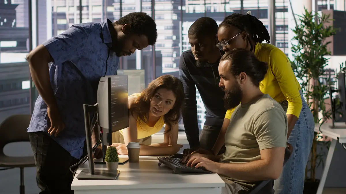 Team of developers doing brainstorming optimizing code