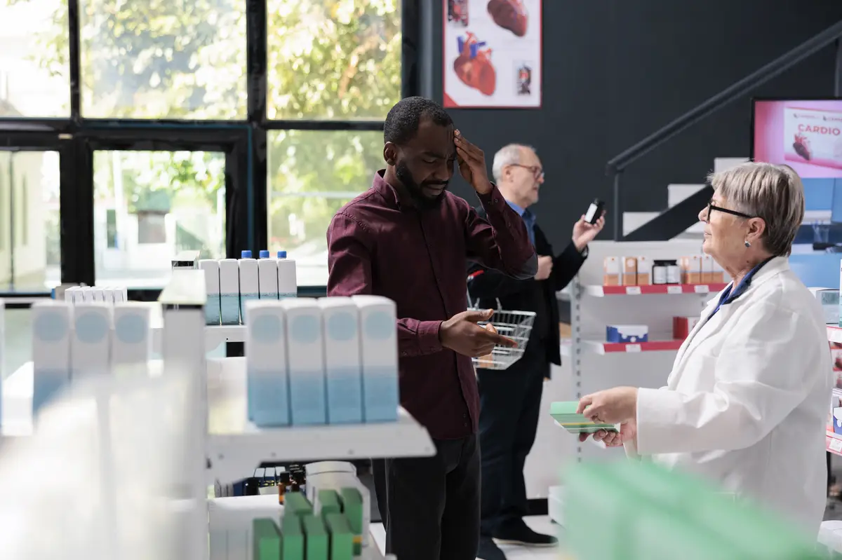Abordagem das infecções em próteses mamárias: explante ou salvamento 3 Client with painful headache asking for migraine medication to elderly drugstore worker in pharmacy, man rubbing temples. Pharmacist helping client with pharmaceutics pills. Medicine service