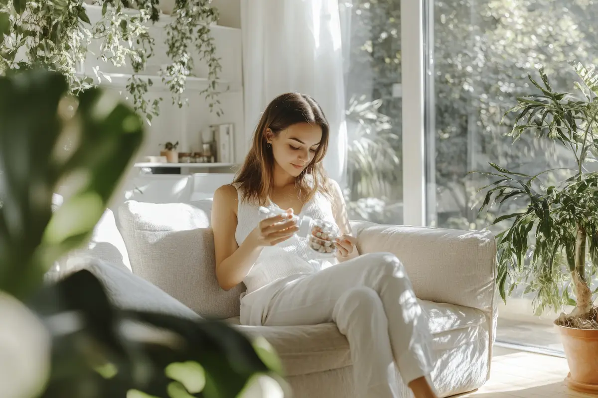 A serene moment at home A young woman enjoys her time in a cozy white outfit Sunlight filters through Perfect for lifestyle and home decor themes Generative AI
