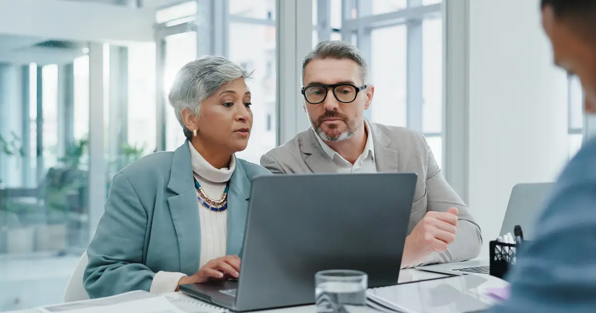 Office teamwork and business people with laptop for solution bad connection and glitch on company page Corporate staff ceo and manager with digital for network problem website error and mistake