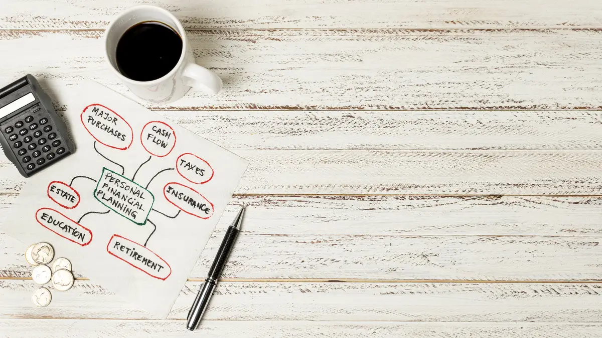 Top view personal planning financial with coffee and copy space