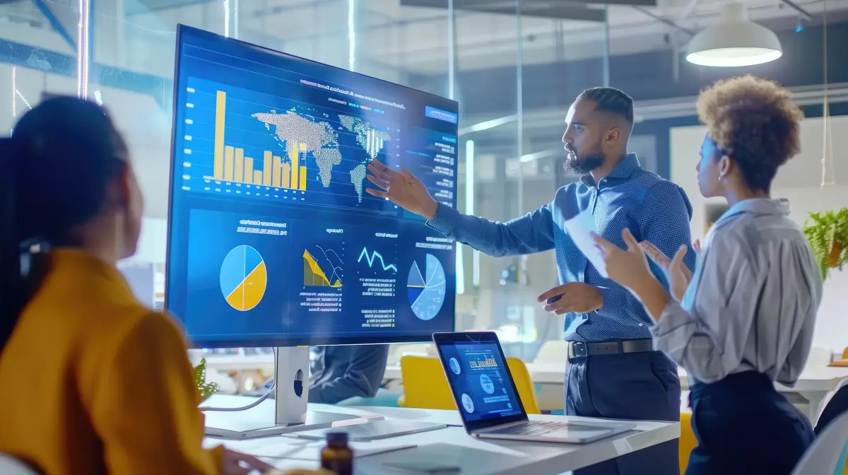 Hightech business meeting with data analysis and strategic discussions in a modern office AIG53M