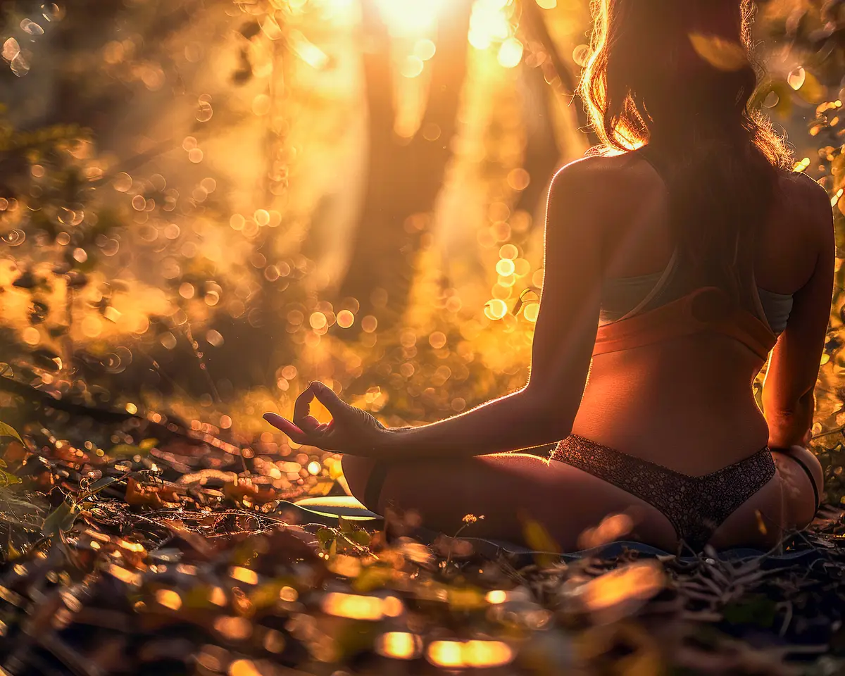 Woman in yoga pants Lotus position Meditating peacefully in a serene forest