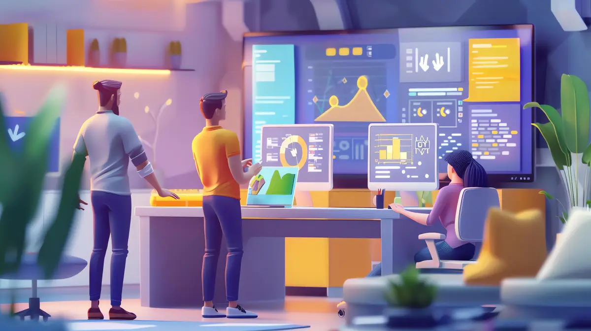 A group of people are working in a modern office They are using computers and a large screen to display data