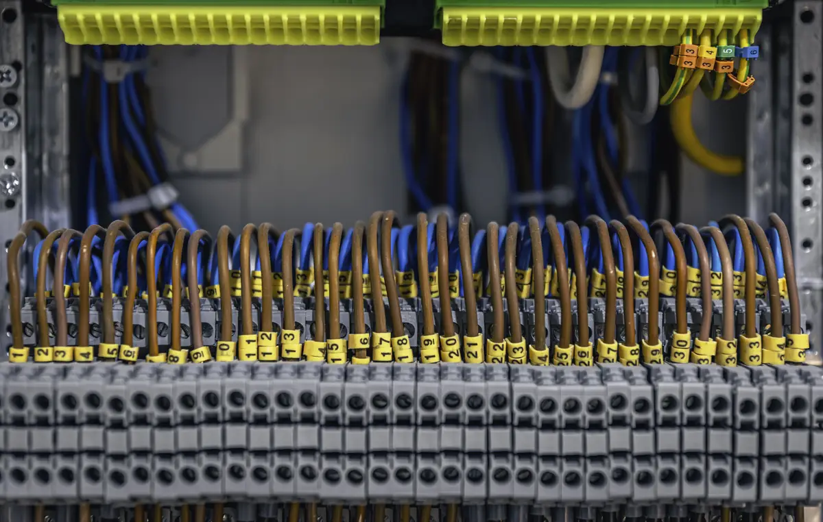 Painel elétrico com fusíveis e contatores em detalhe para estudo de seletividade e proteção