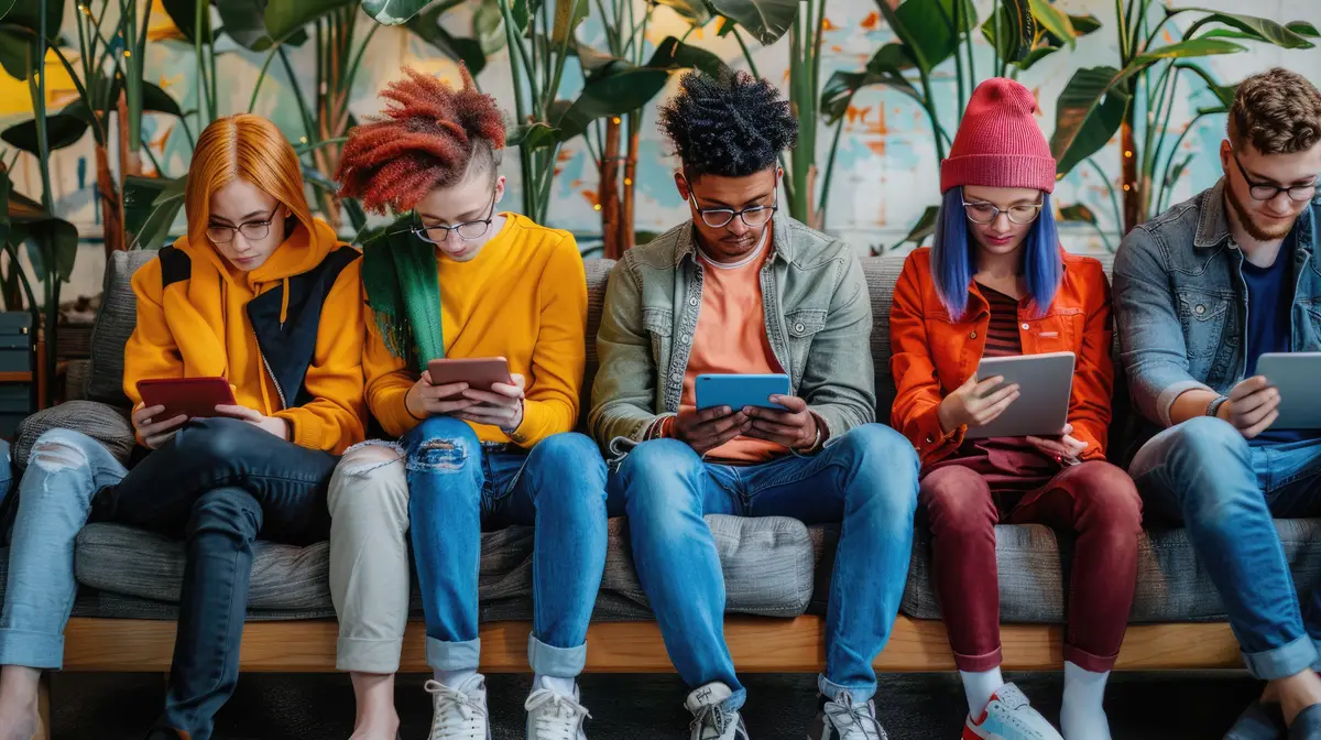 Group of diverse people sitting on a couch using smartphones Design AIG53