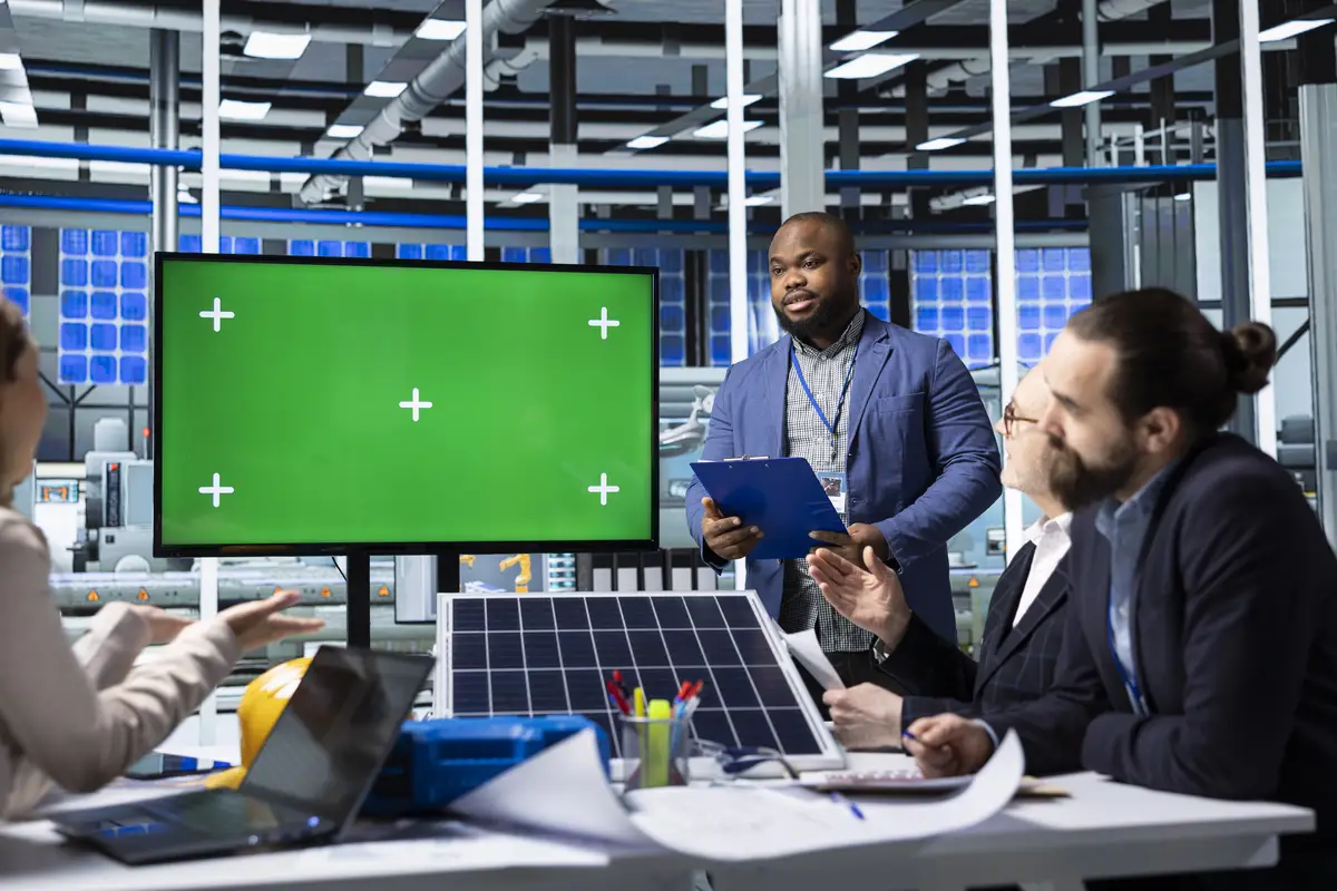 Businessmen using mockup display to show solar panels designs research