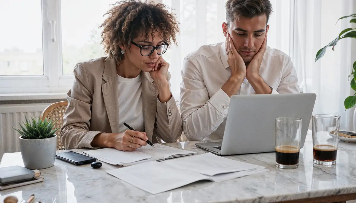 Young professionals brainstorming ideas with laptop and documents